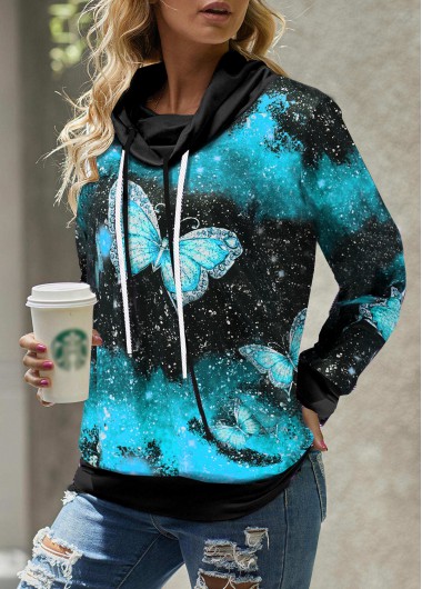 Modlily Drawstring Detail Butterfly Print Cowl Neck Sweatshirt - XL