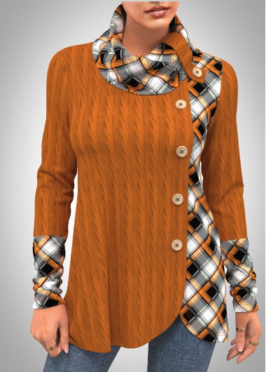 Modlily Decorative Button Plaid Long Sleeve Cowl Neck Sweatshirt - M