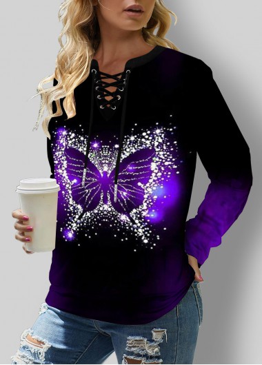 Modlily Butterfly Print Lace Up Split Neck Purple Sweatshirt - M