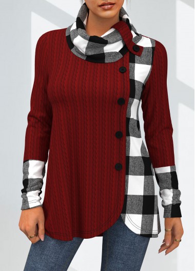 Modlily Decorative Button Plaid Long Sleeve Cowl Neck Sweatshirt - M