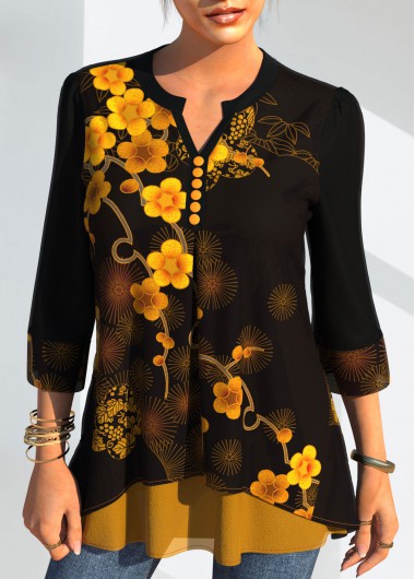 Modlily Decorative Button Floral Print 3/4 Sleeve Split Neck Blouse - M