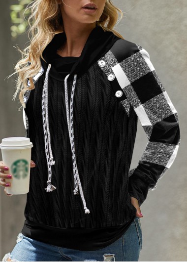 Modlily Drawstring Plaid Long Sleeve Cowl Neck Black Sweatshirt - XXL