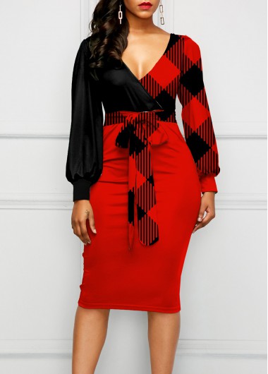 Modlily Red Plaid Bowknot Belted V Neck Lantern Sleeve Dress - XL