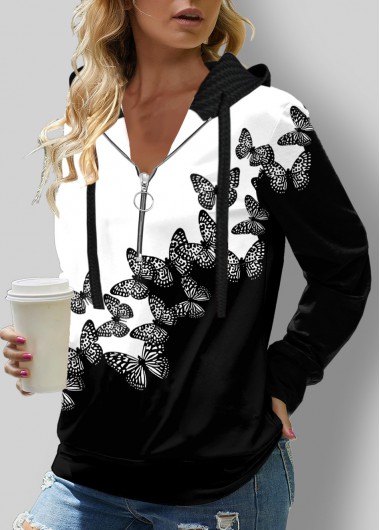 Modlily Butterfly Print Color Block Long Sleeve Hoodie - M