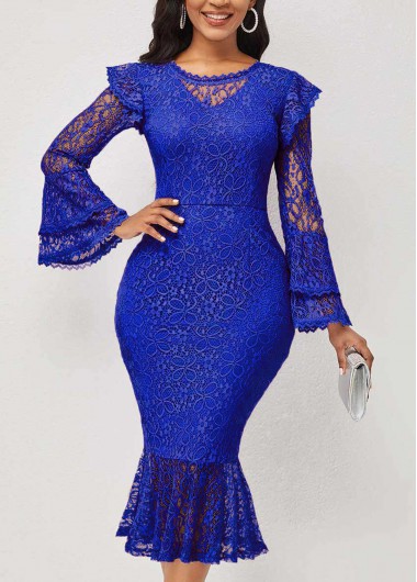 Modlily Blue Layered Bell Sleeve Lace Stitching Mermaid Dress - XXL