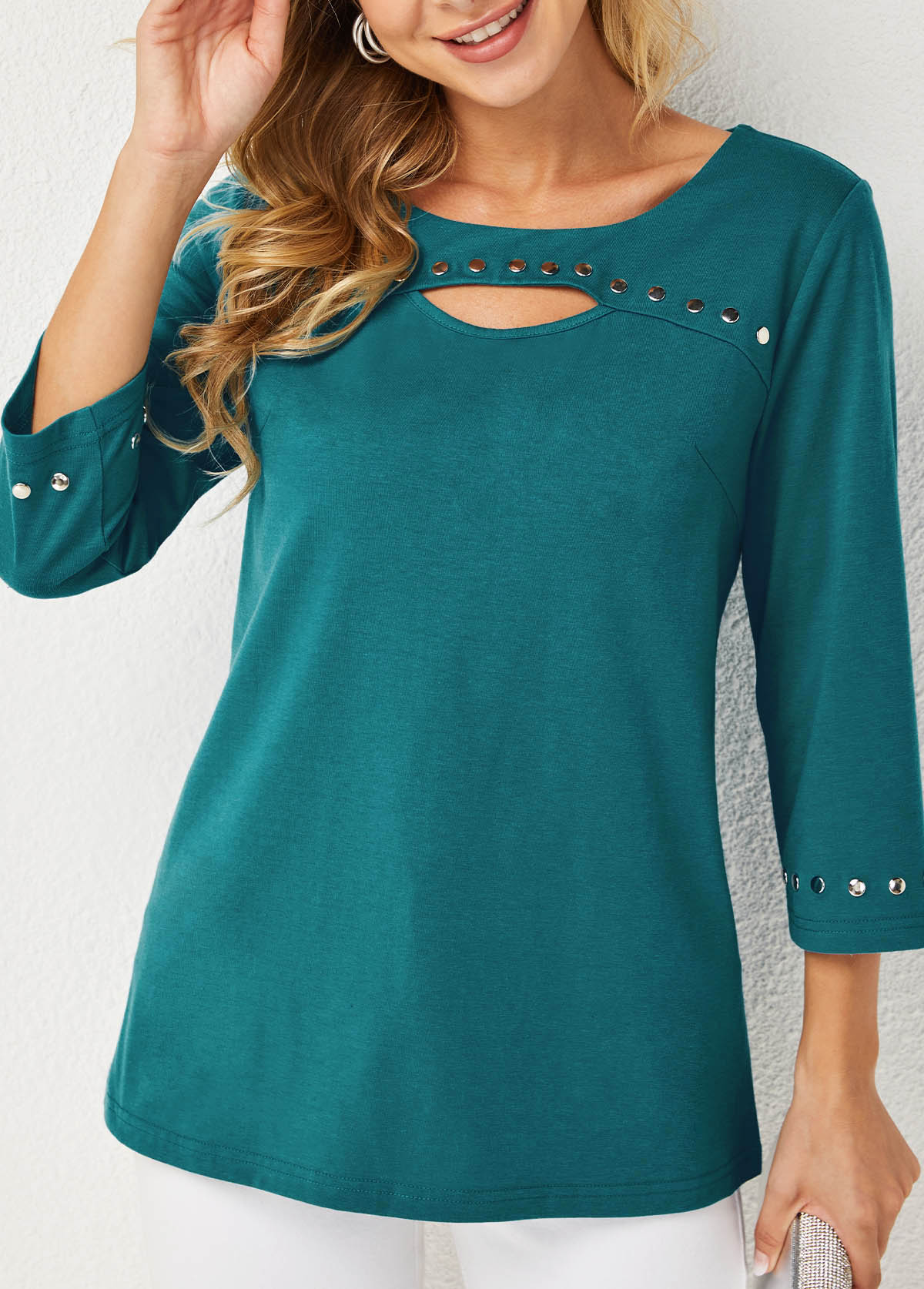 Cutout Front Round Neck 3/4 Sleeve T Shirt