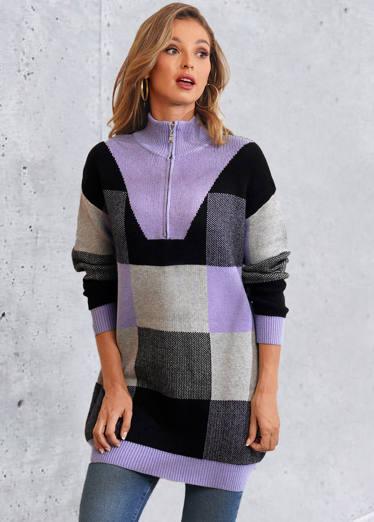 Plaid Long Sleeve Quarter Zip Sweater