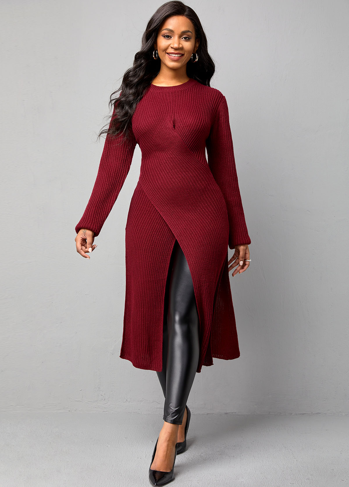Wine Red Cross Front Long Sleeve Sweater