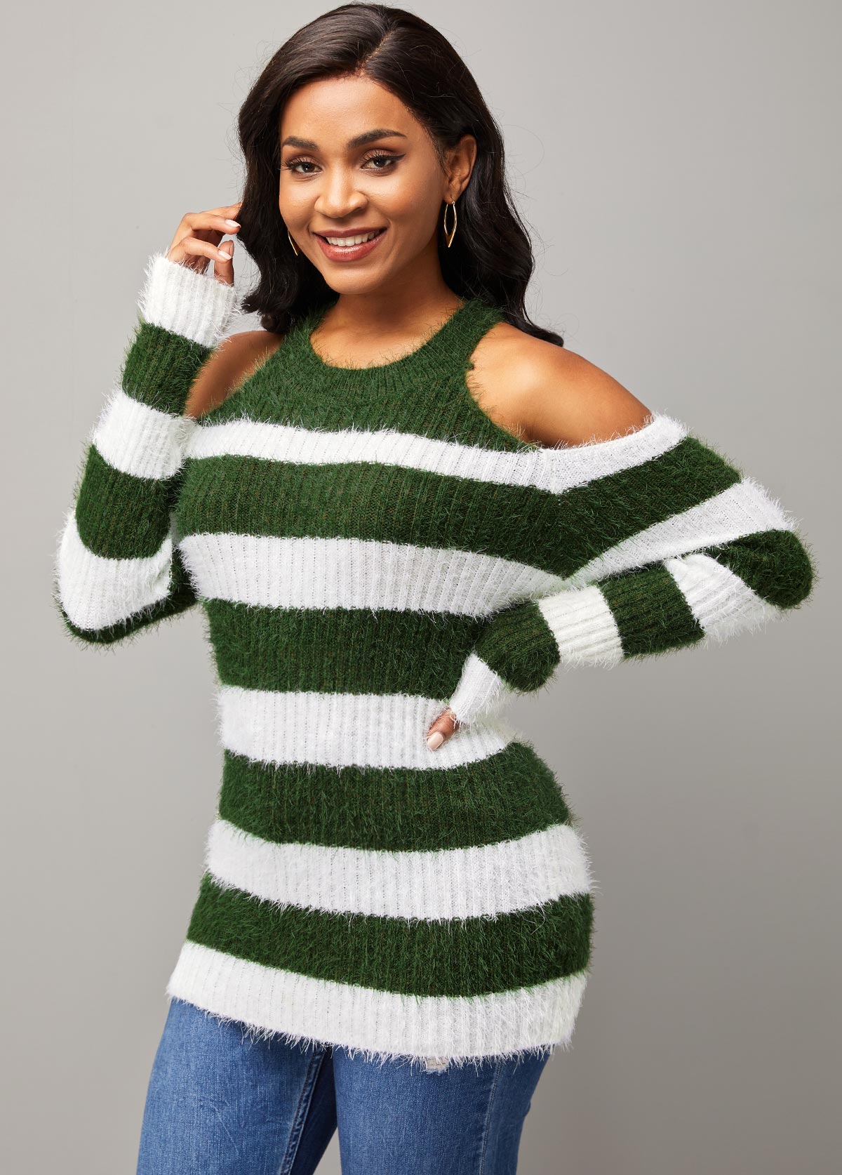 Cold Shoulder Stripe Print Long Sleeve Round Neck Sweater