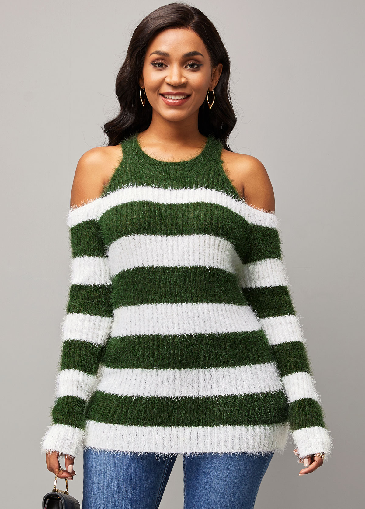 Cold Shoulder Stripe Print Long Sleeve Round Neck Sweater
