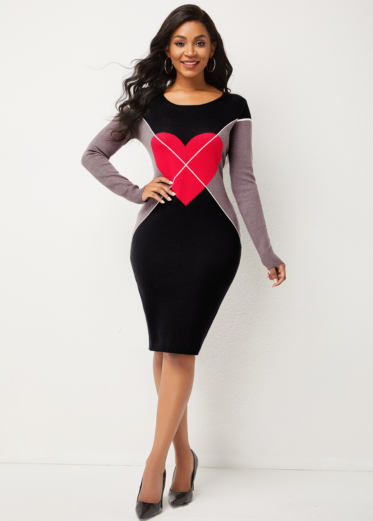 Heart Print Black Long Sleeve Sweater Dress