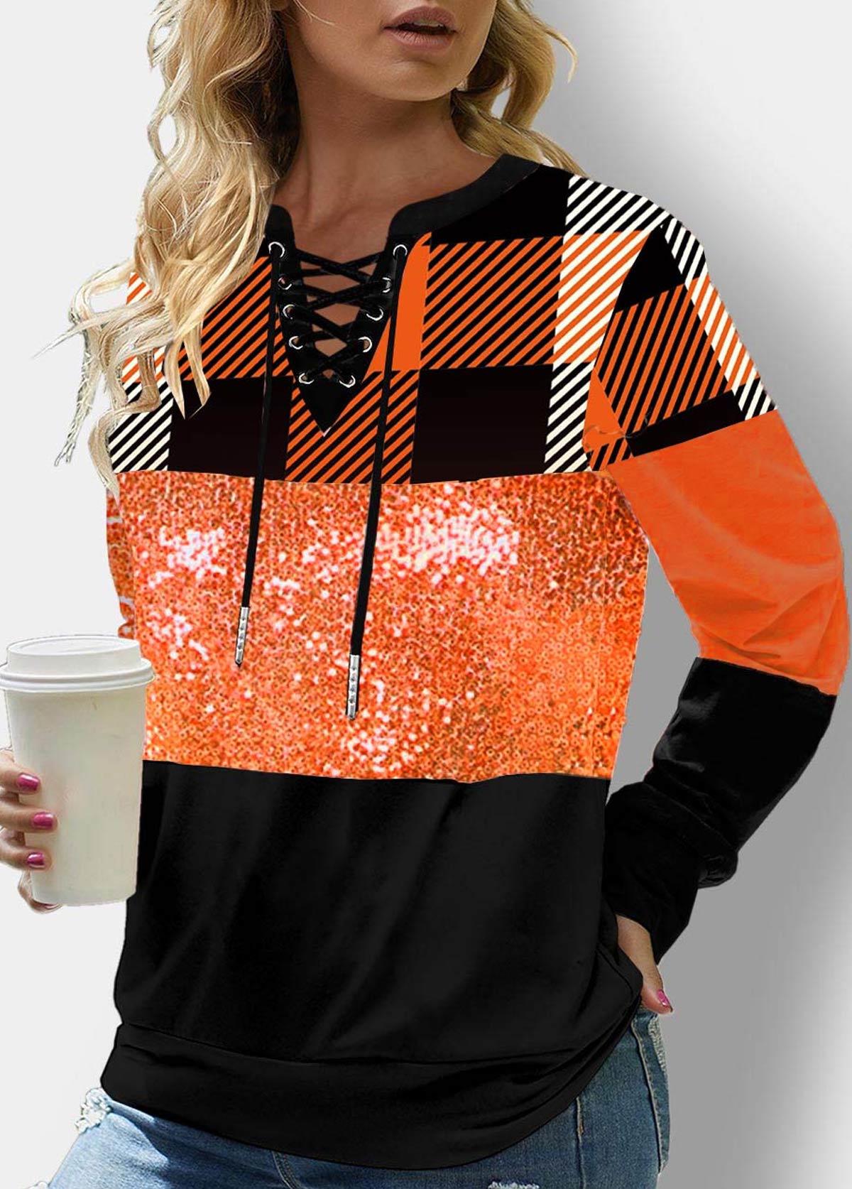 Plaid Orange Lace Up Sequin Sweatshirt