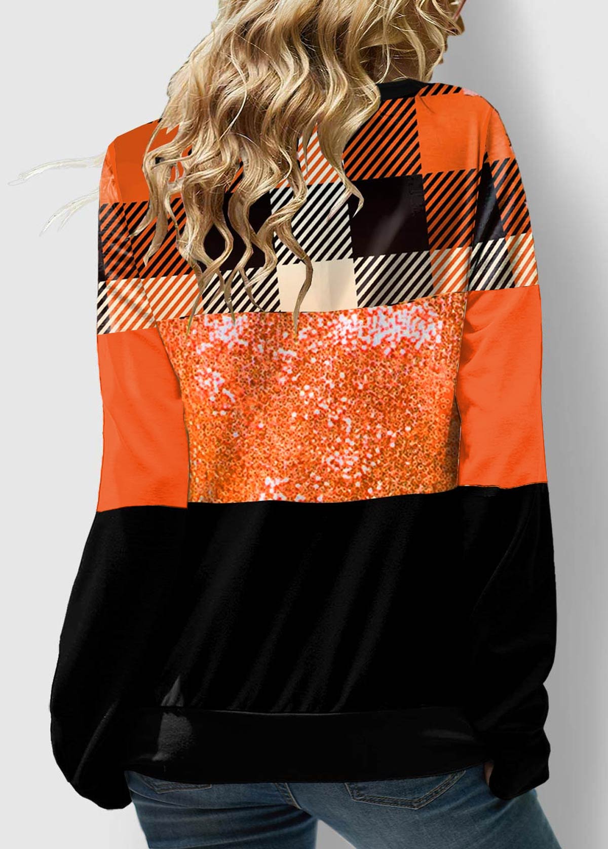 Plaid Orange Lace Up Sequin Sweatshirt