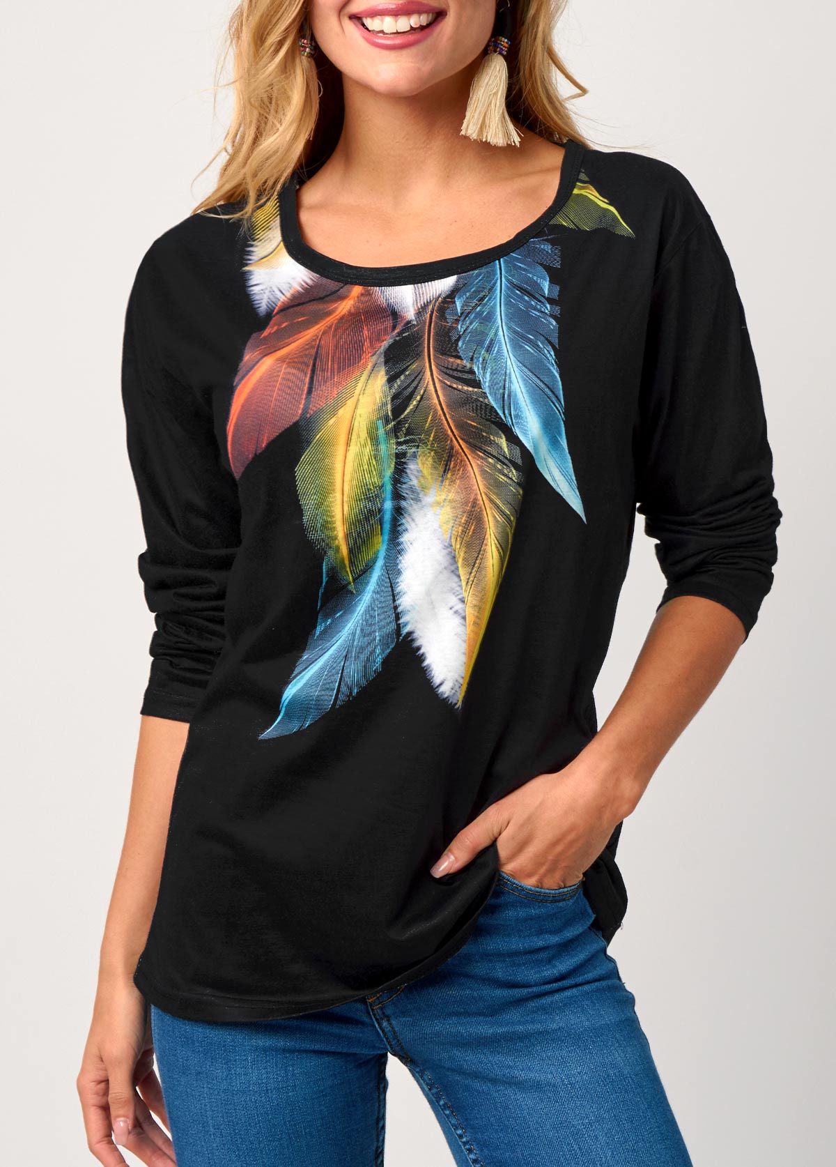 Black Rainbow Feathers Round Neck T Shirt