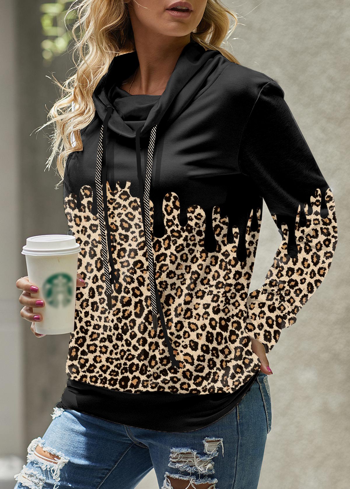 Leopard Long Sleeve Cowl Neck Sweatshirt