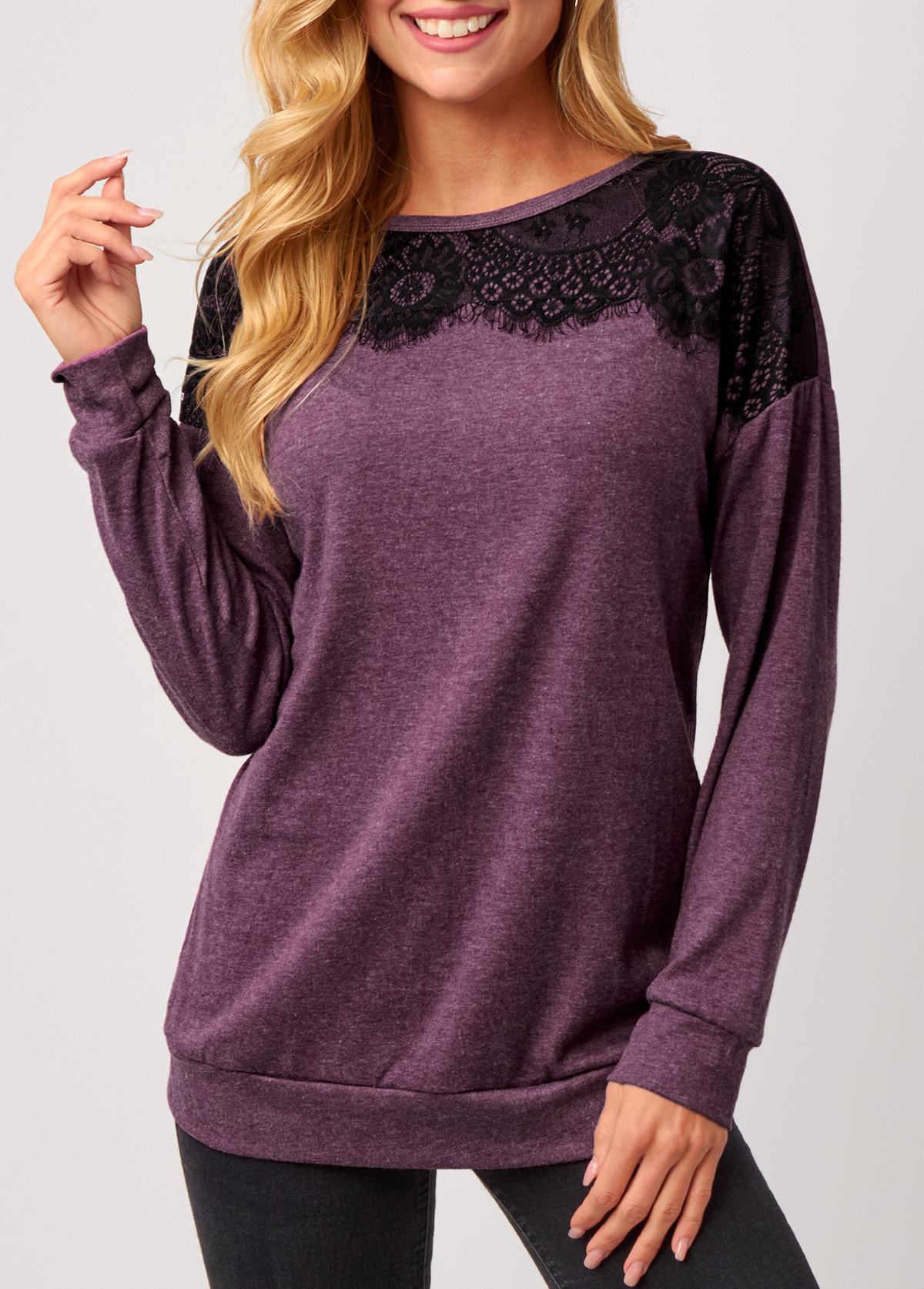 Lace Panel Purple Long Sleeve T Shirt