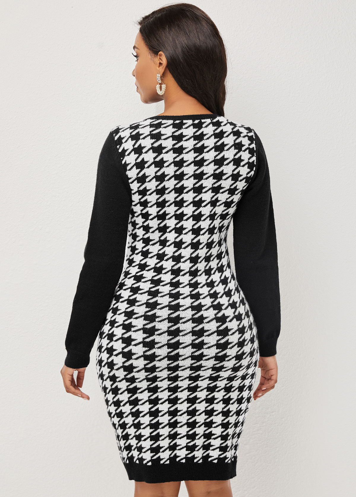 Long Sleeve Color Block Houndstooth Print Sweater Dress
