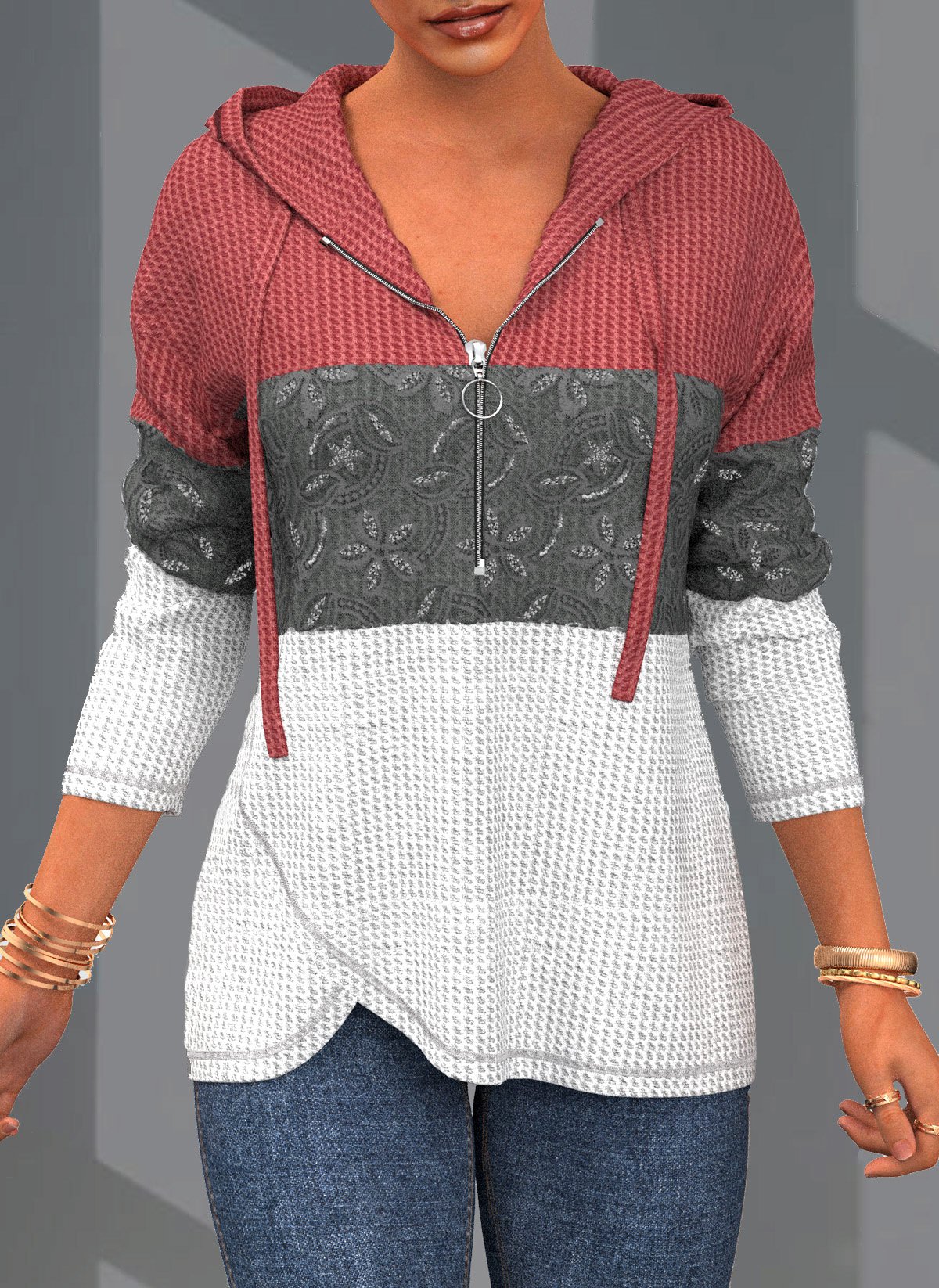 Lace Patchwork Long Sleeve Contrast Hoodie