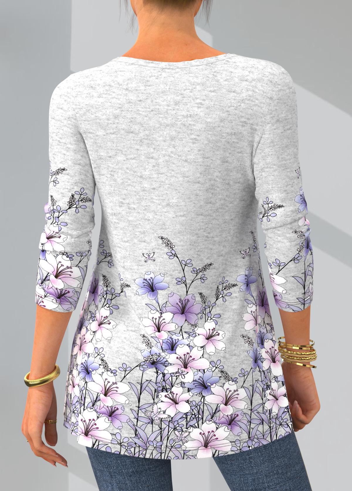 Floral Print Long Sleeve Crinkle Chest T Shirt