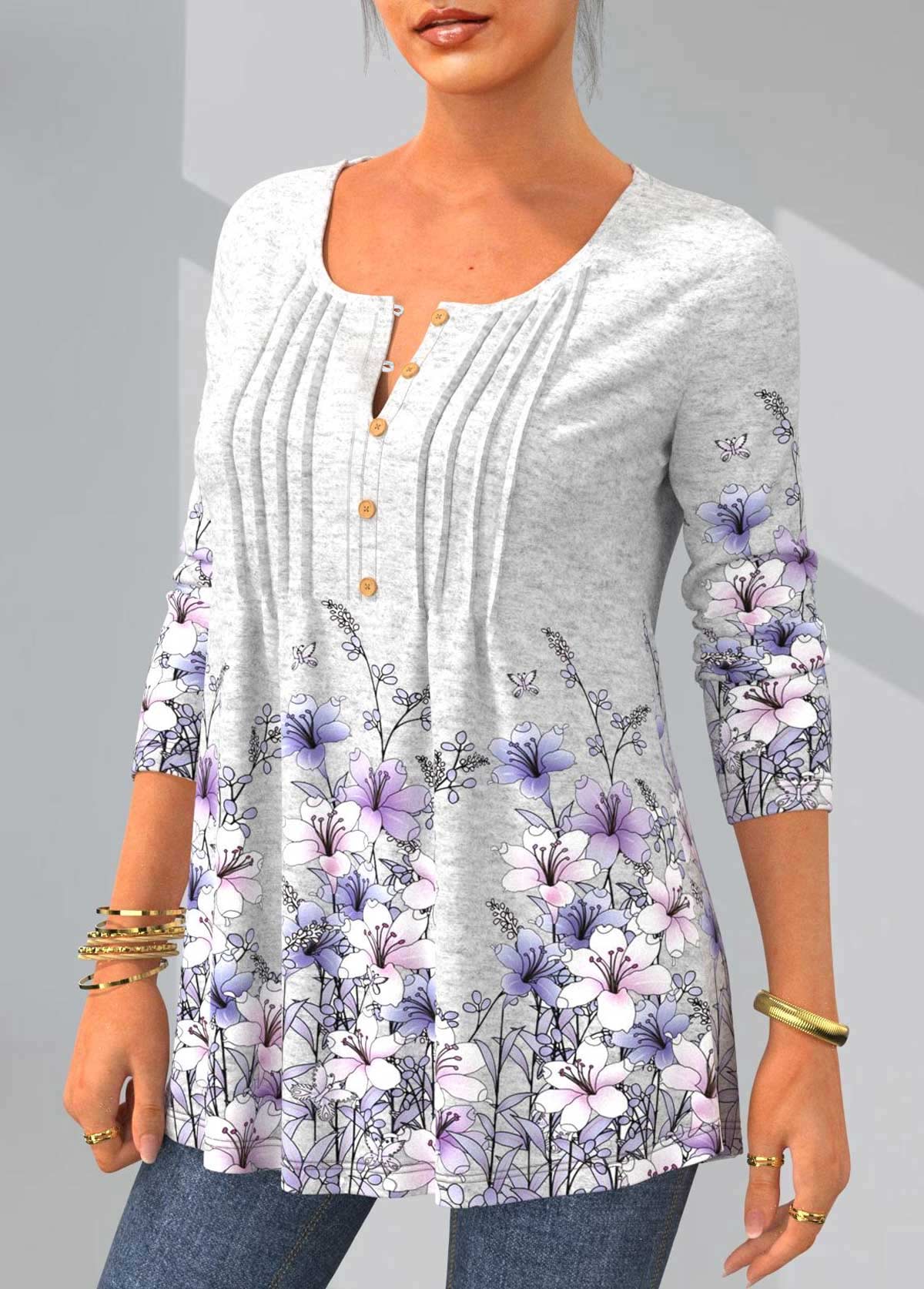 Floral Print Long Sleeve Crinkle Chest T Shirt