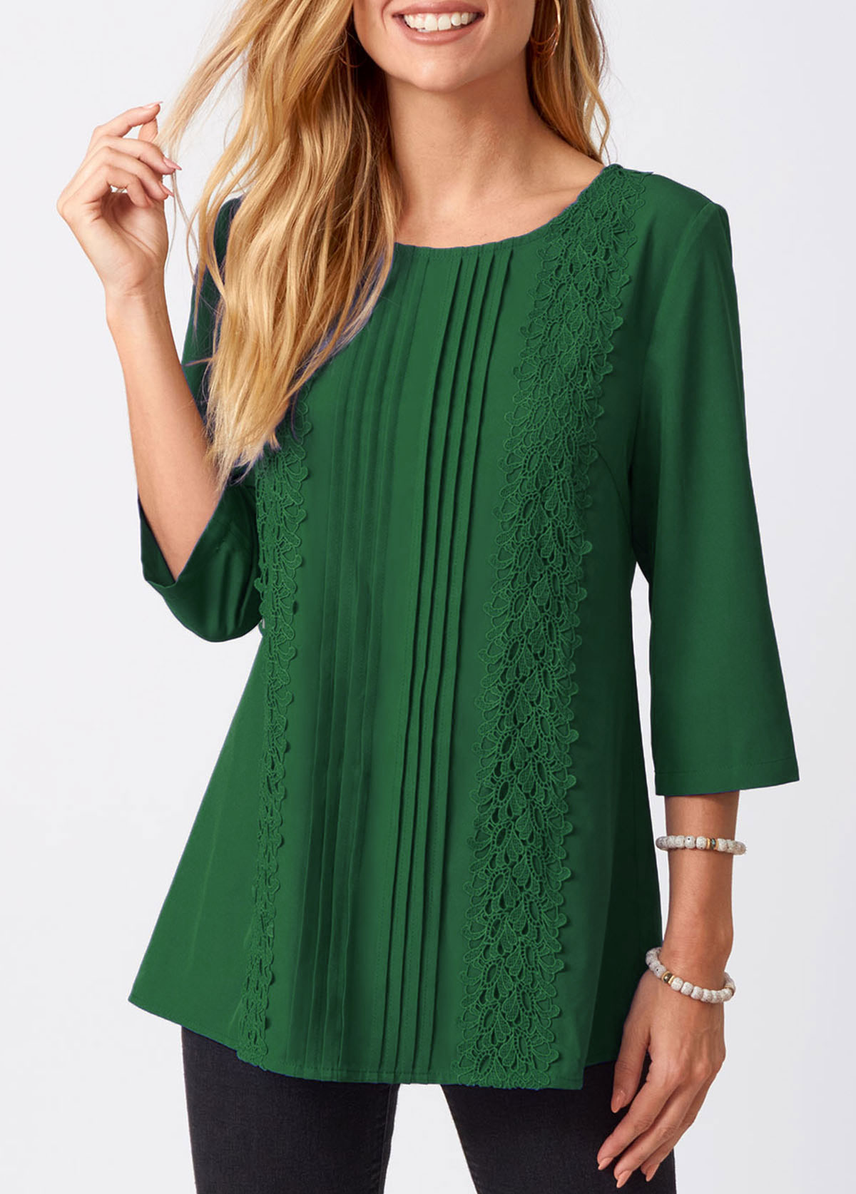 Lace Stitching Crinkle Chest Round Neck Solid Blouse