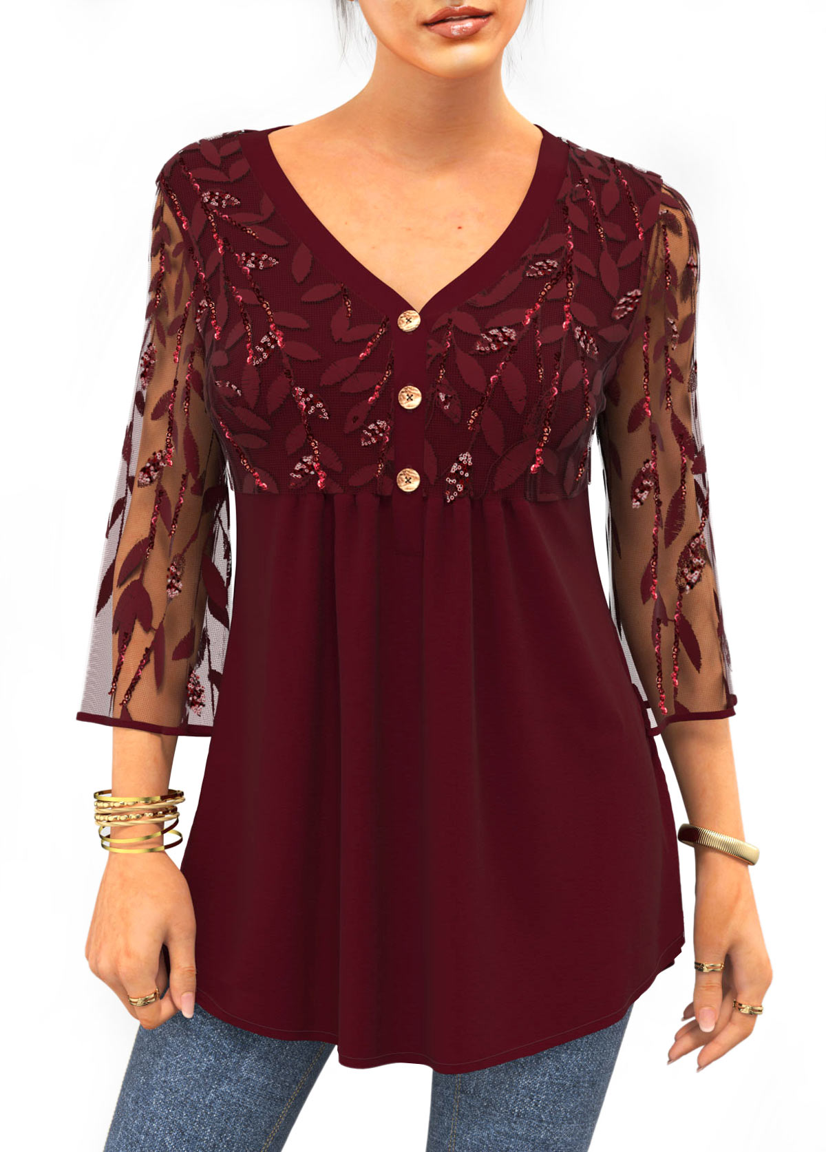 Lace Stitching Sequin 3/4 Sleeve Solid T Shirt