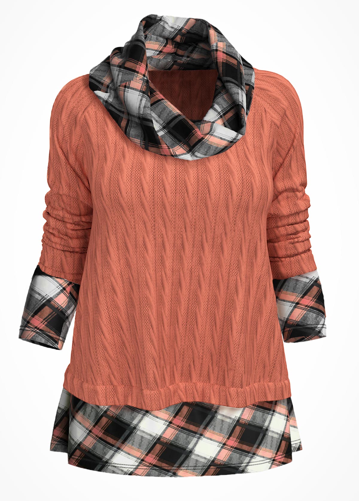 Fabric Splicing Plaid Long Sleeve Cowl Neck Sweater