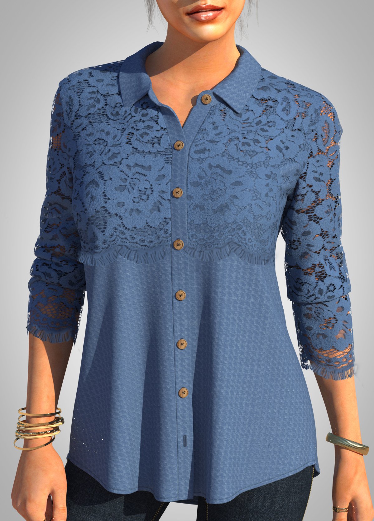Lace Patchwork Solid Long Sleeve Turndown Collar Blouse