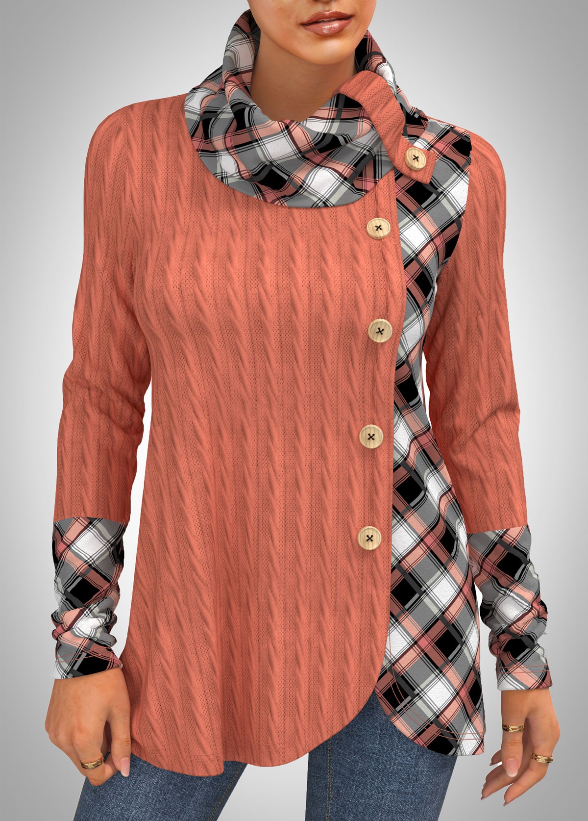 Twisted Pattern Plaid Cowl Neck Sweatshirt