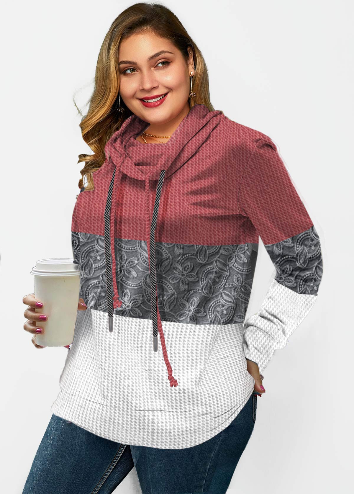 Color Block Lace Stitching Sequin Plus Size Sweatshirt