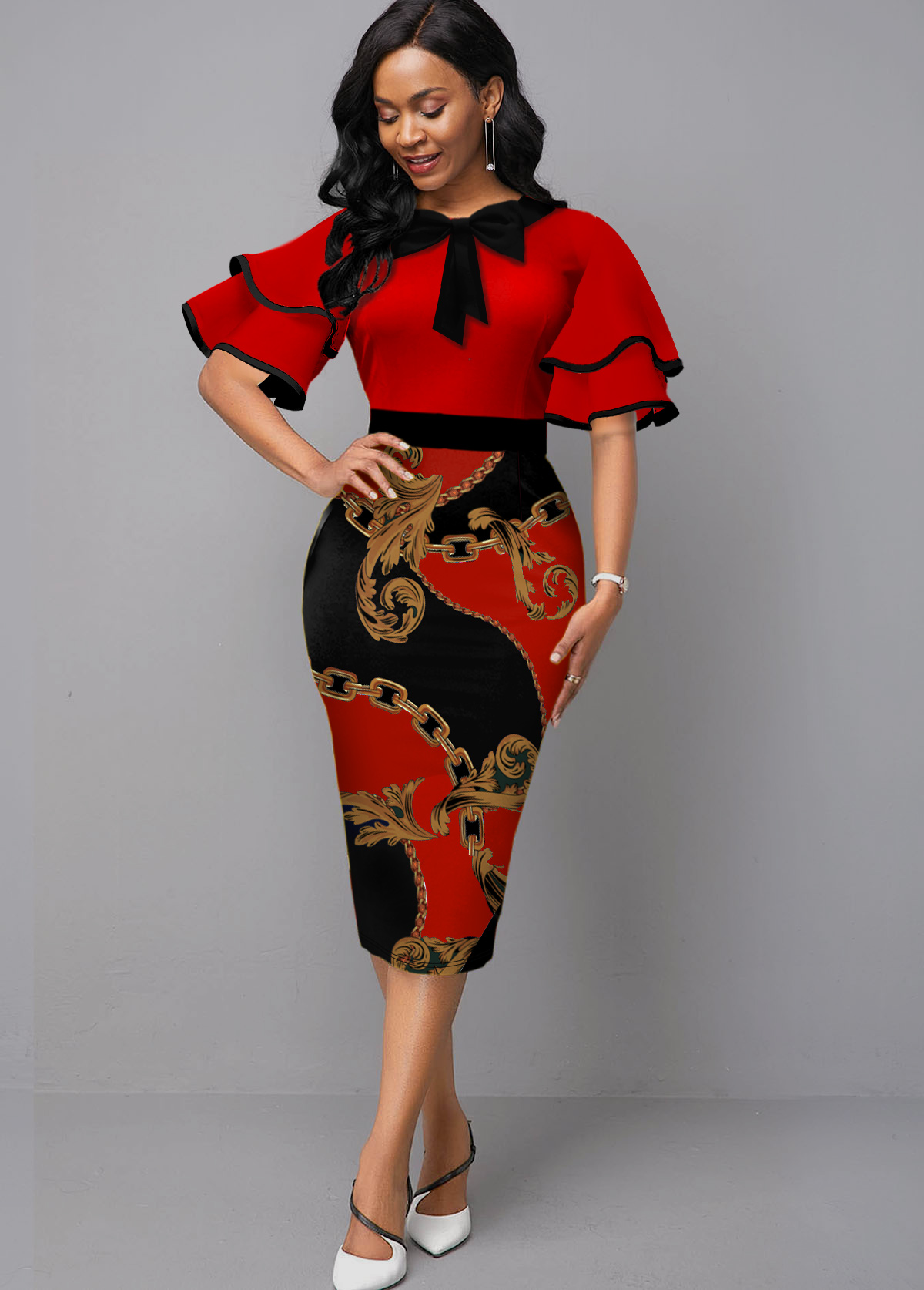 Bowknot Red Layered Bell Sleeve Tribal Print Dress