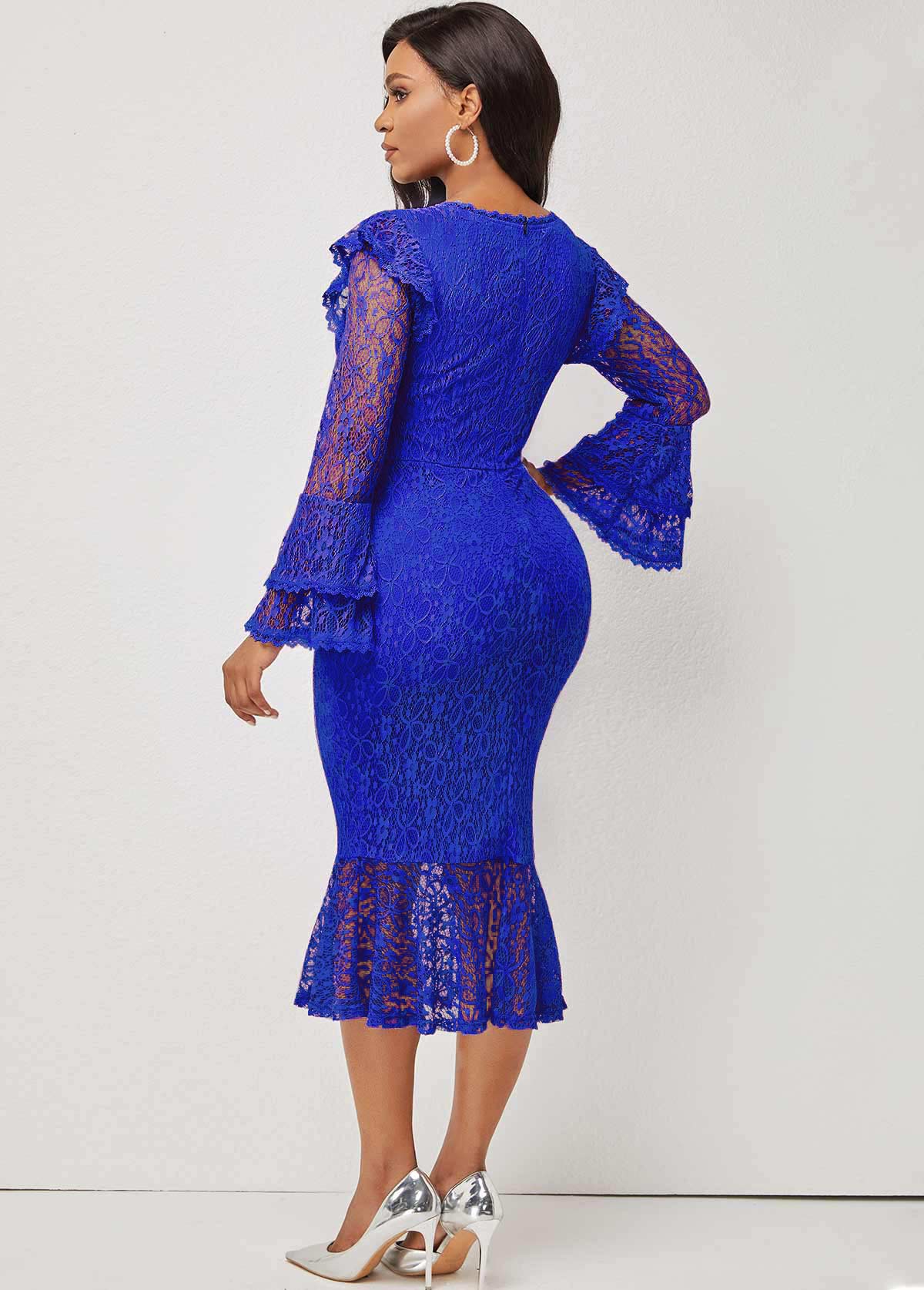 Blue Layered Bell Sleeve Lace Stitching Mermaid Dress