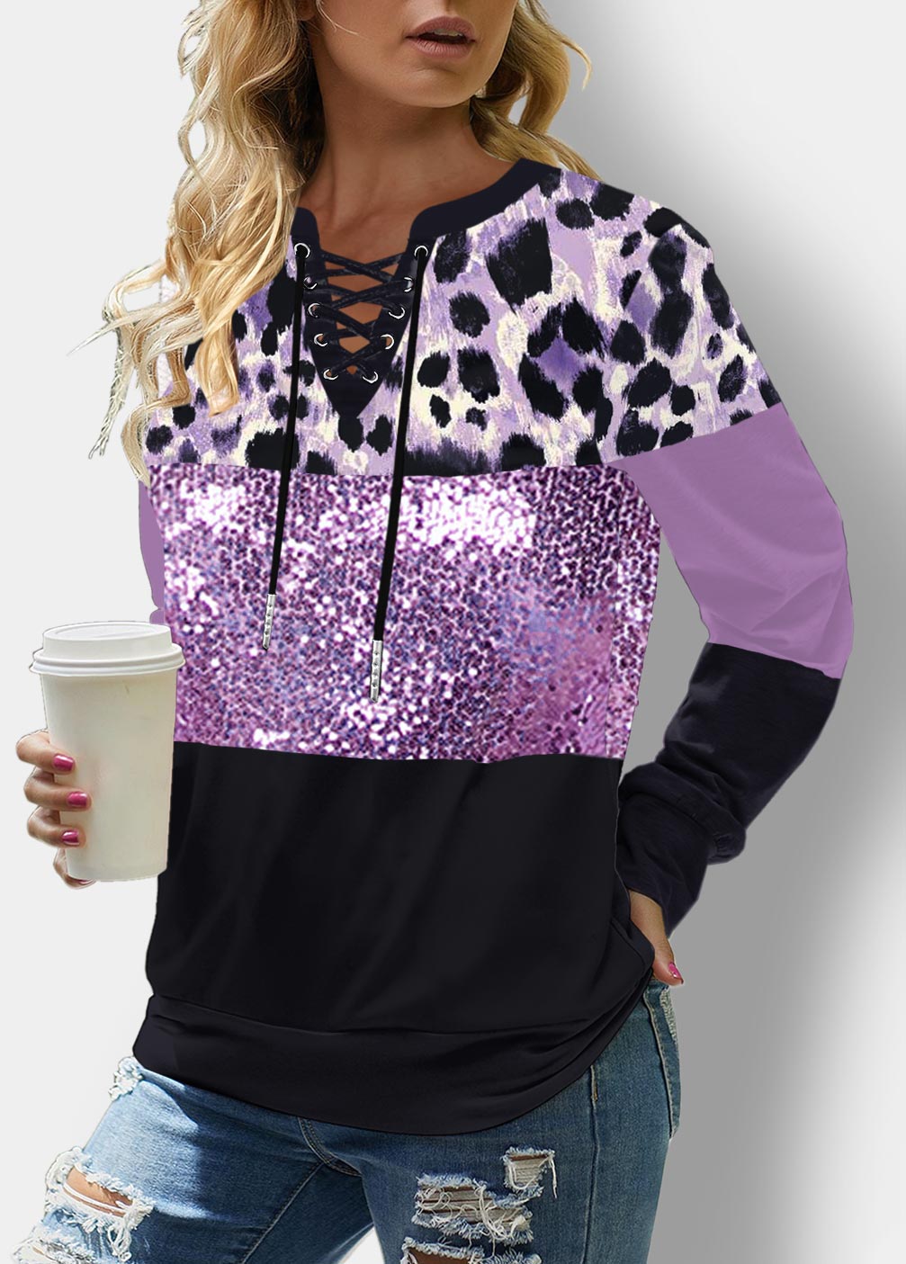 Leopard Purple Sequin Lace Up Sweatshirt