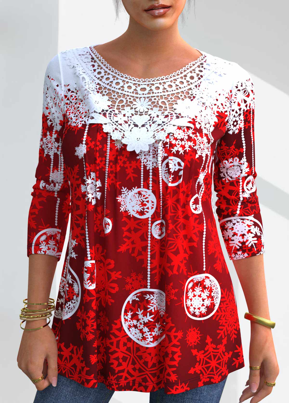Christmas Snowflake Print Lace Stitching Red T Shirt