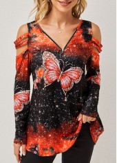 Quarter Zip Cold Shoulder Butterfly Print T Shirt | thumb picture 
