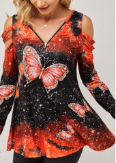 Quarter Zip Cold Shoulder Butterfly Print T Shirt