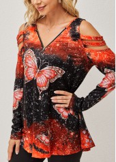 Quarter Zip Cold Shoulder Butterfly Print T Shirt | thumb picture 