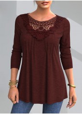 Crinkle Chest Lace Patchwork Round Neck Blouse