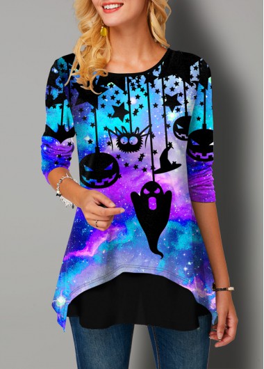 Modlily Halloween Print Faux Two Piece Long Sleeve T Shirt - XS