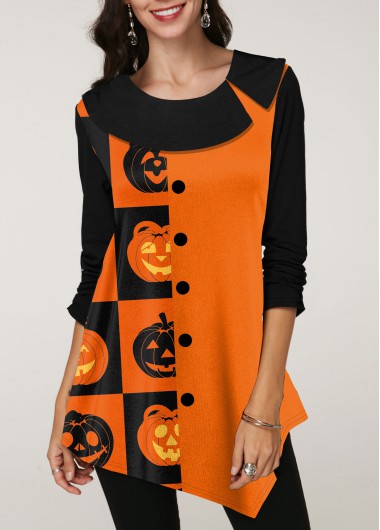 Modlily Asymmetric Hem Halloween Print Long Sleeve Tunic Top - M