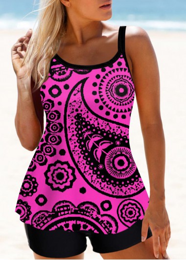 Modlily Paisley Print Purple Wide Strap Tankini Set - M