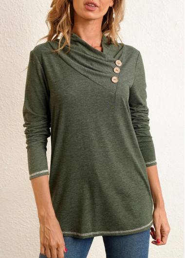 Modlily Decorative Button Long Sleeve Asymmetrical Neck T Shirt - S