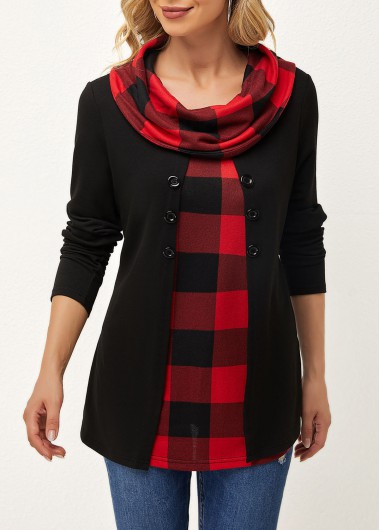 Modlily Black Cowl Neck Long Sleeve Plaid Sweatshirt - M