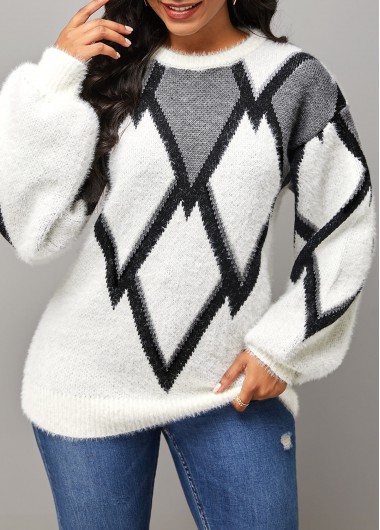 Modlily Long Sleeve Geometric Print Round Neck Sweater - S