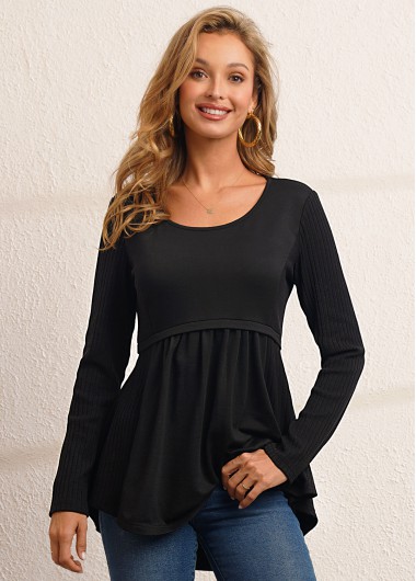 Modlily Round Neck Black Long Sleeve T Shirt - M