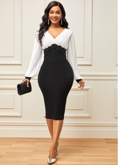 Modlily Lace Patchwork V Neck Color Block Black Dress - XL