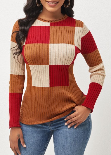 Modlily Plaid Long Sleeve Round Neck Color Block Sweater - S