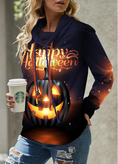 Modlily Long Sleeve Halloween Pumpkin Print Sweatshirt - M