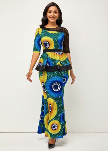Modlily Peplum Waist Tribal Print Multi Color Mermaid Dress - M