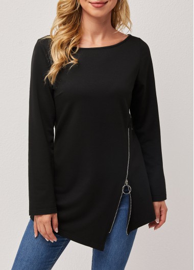 Modlily Zipper Detail Black Asymmetric Hem Long Sleeve Tunic Top - M